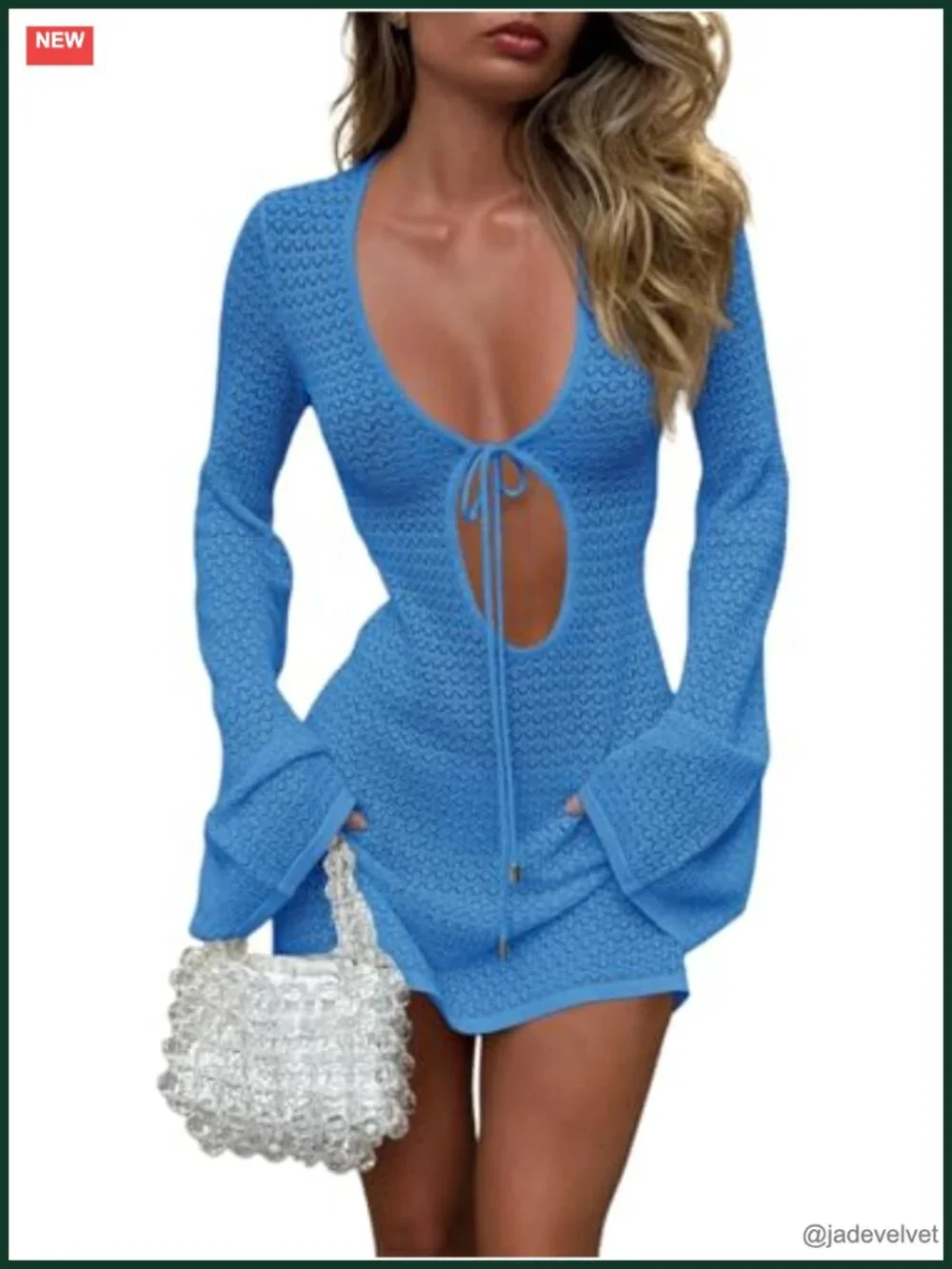 Crochet Swimsuit Cover Up Long Bell Sleeve V Neck Tie Mesh Knit Beach Dress